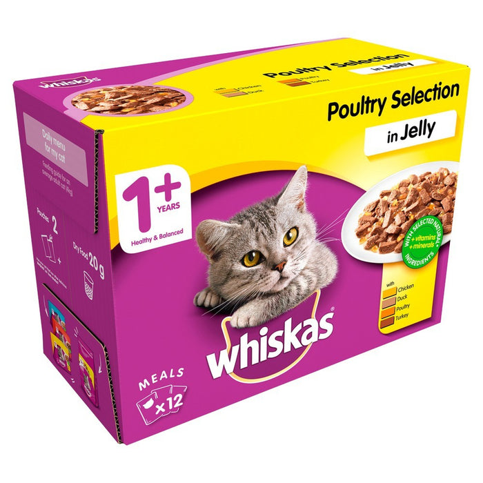 Whiskas 1+ Poultry Feasts Adult Wet Cat Food Pouches in Jelly 12x85g
